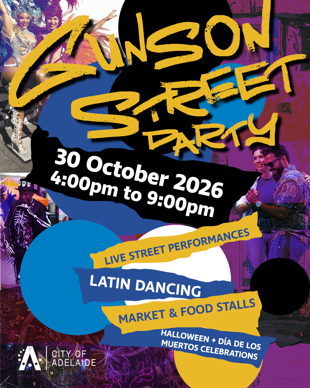 Gunson Street Party poster for Adelaide on Oct 30, 2026, featuring live performances, Latin dancing, market stalls, and Halloween celebrations